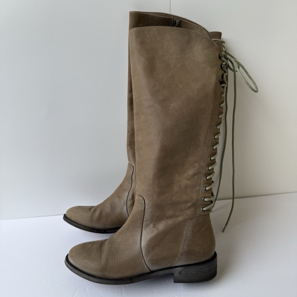 Joie Women's Size 37.5 Taupe Leather Tall Riding Boots Lace Back Side Zip